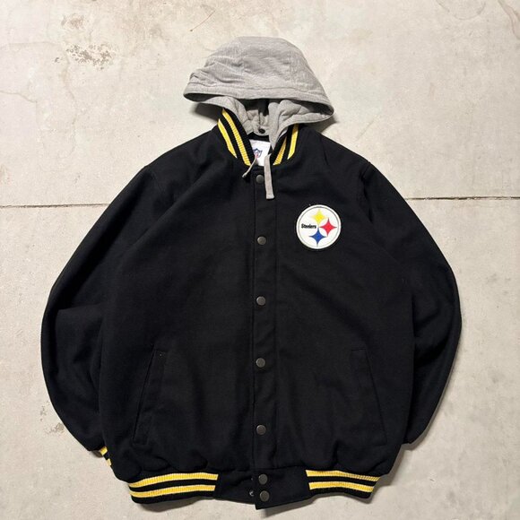 Pittsburgh Steelers Mens L BLack Yellow Snap Up Embroidered Wool Blend Jacket - Picture 2 of 5